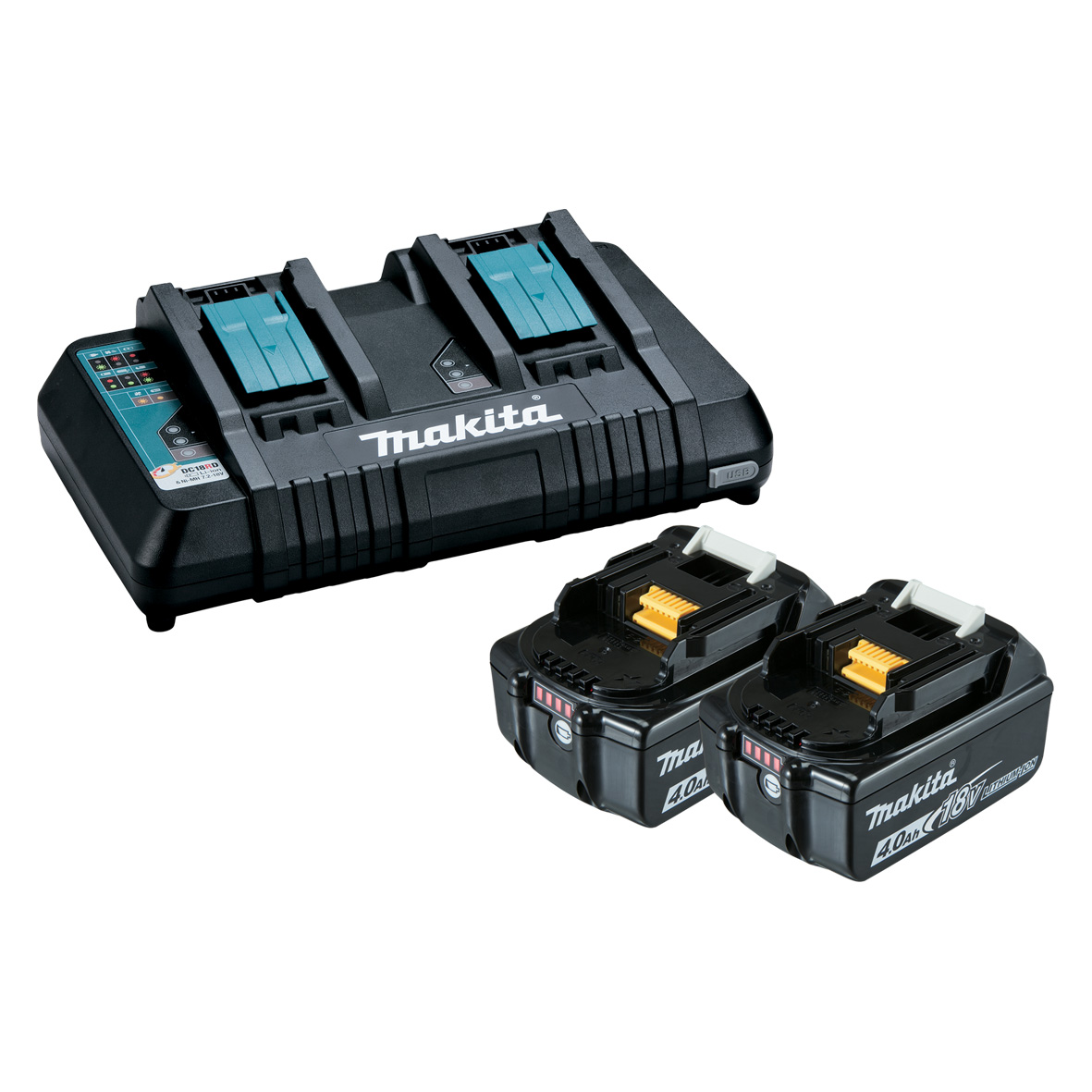 198498-4-Same Time Dual Port Rapid Charger with 2 x 4.0Ah fuel gauge battery